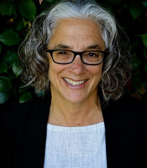 Headshot of Lainey Feingold. She has short gray curly hair and is wearing dark rimmed glasses. She is wearing a black blazer, white t shirt, and is smiling at the camera.