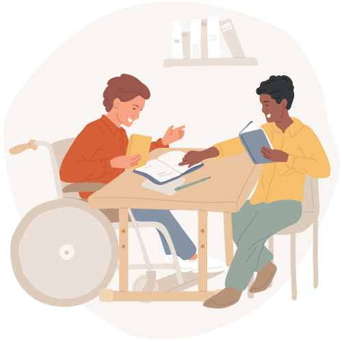 Two illustrated students, one in a wheelchair, work together at a desk.