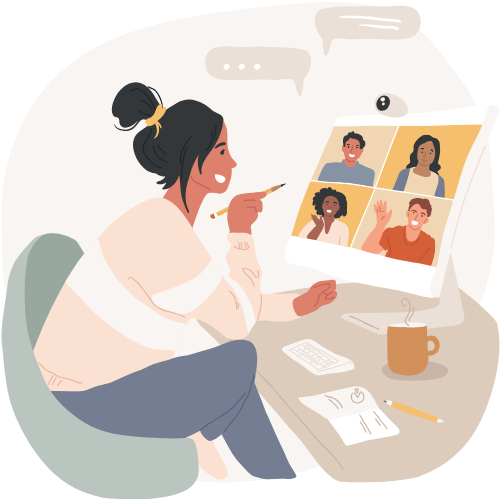An illustrated young women speaks to a Zoom screen of four diverse peers.