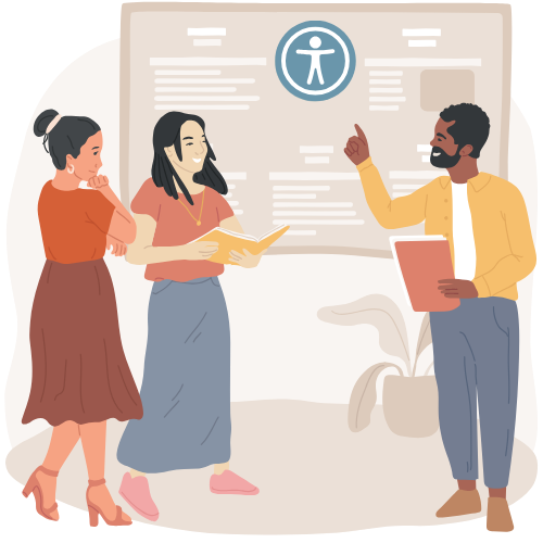 Three diverse, illustrated educators gather around a whiteboard to discuss accessibility.