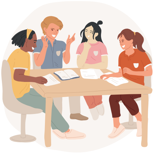 Four illustrated, diverse students sit at a table, while laughing and discussing with each other.