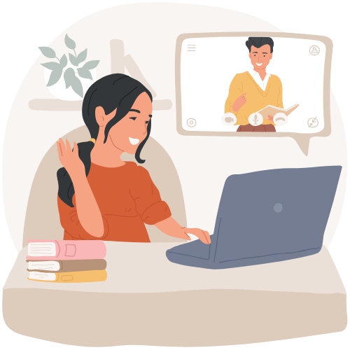 An illustrated woman waves to an instructor on a computer screen.