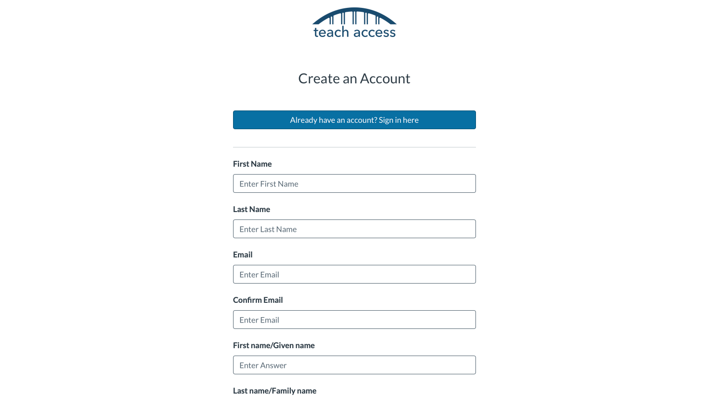 The “Create an Account” page for Course Market that requires a full name, email, and institution name.