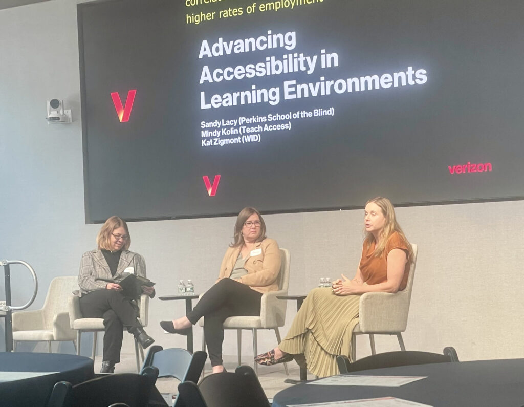 3 panelists sitting in chairs on a stage with virtual back ground that reads "Advancing Accessibility in Learning Environments"
