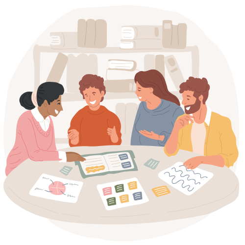 Illustrative graphic of 4 people working around a table
