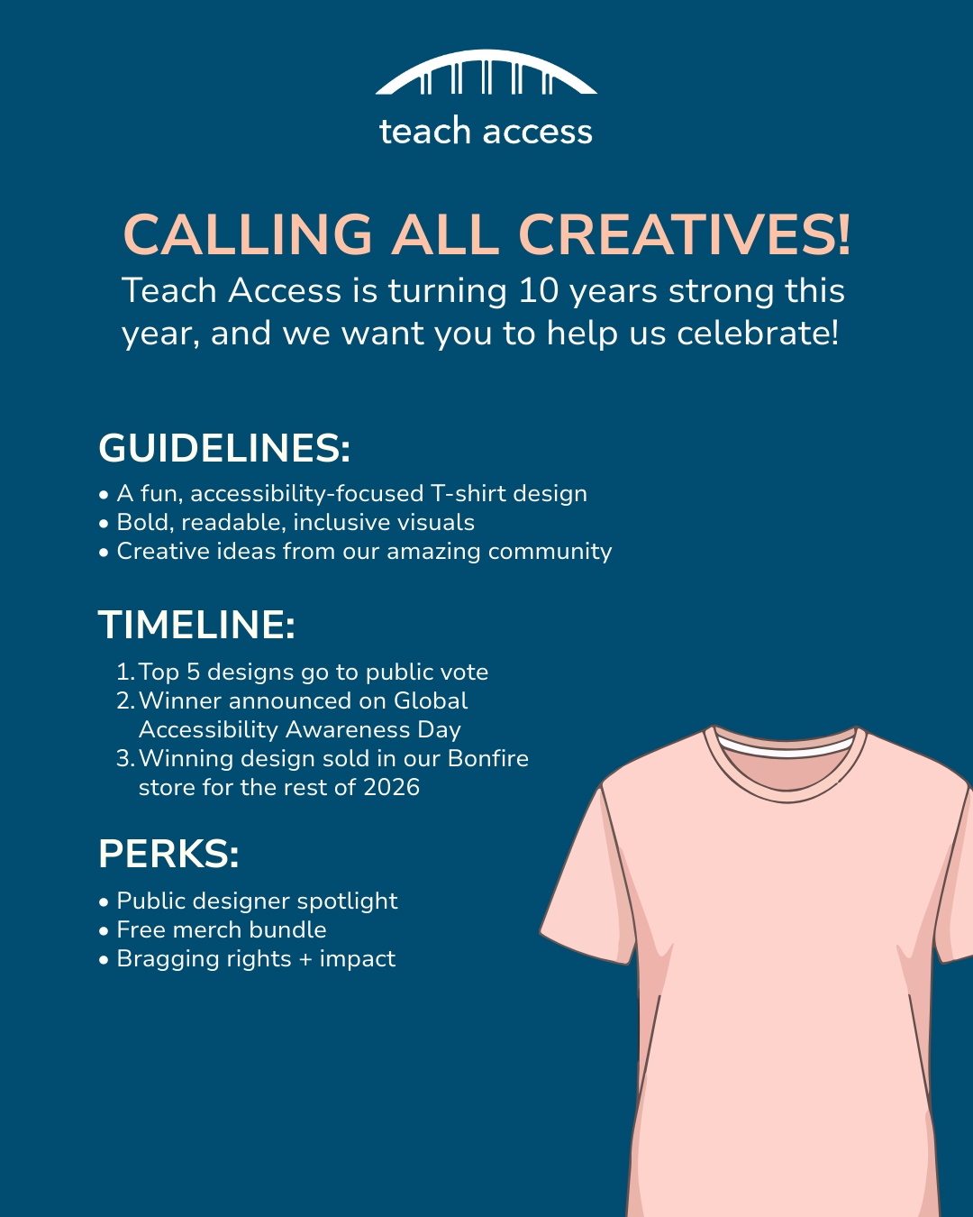 Promotional flyer for Teach Access T-shirt design contest with details and a pink T-shirt illustration.
