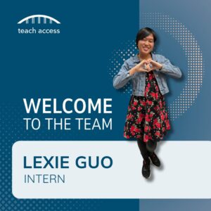 Lexie Guo smiling at the camera and making a heart shape with her hands. 