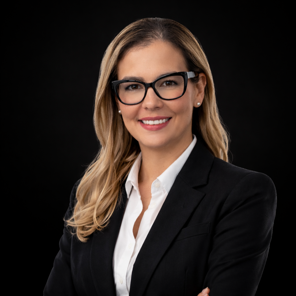 A professional headshot of Alice Casanova, a smiling woman with blonde hair. She is wearing dark-rimmed glasses, a white collared shirt, and a black blazer, posed against a solid black background.