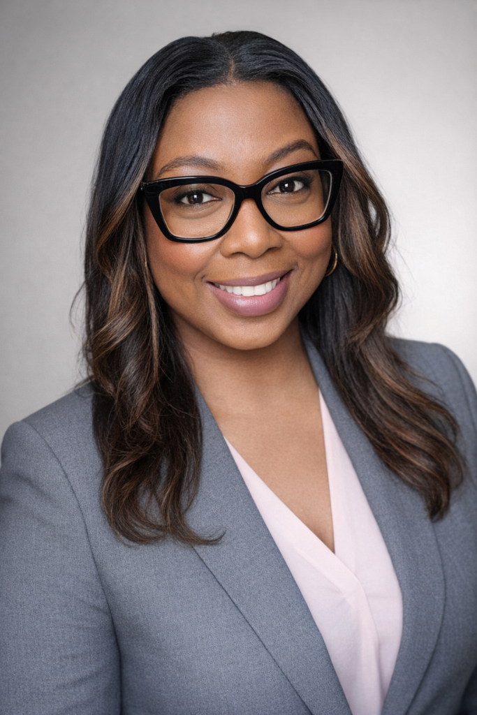 A professional headshot of Lisa Dunkley, a smiling woman with wavy dark brown hair. She is wearing dark, thick-rimmed cat-eye glasses, a light pink v-neck top, and a grey blazer, set against a soft grey background.