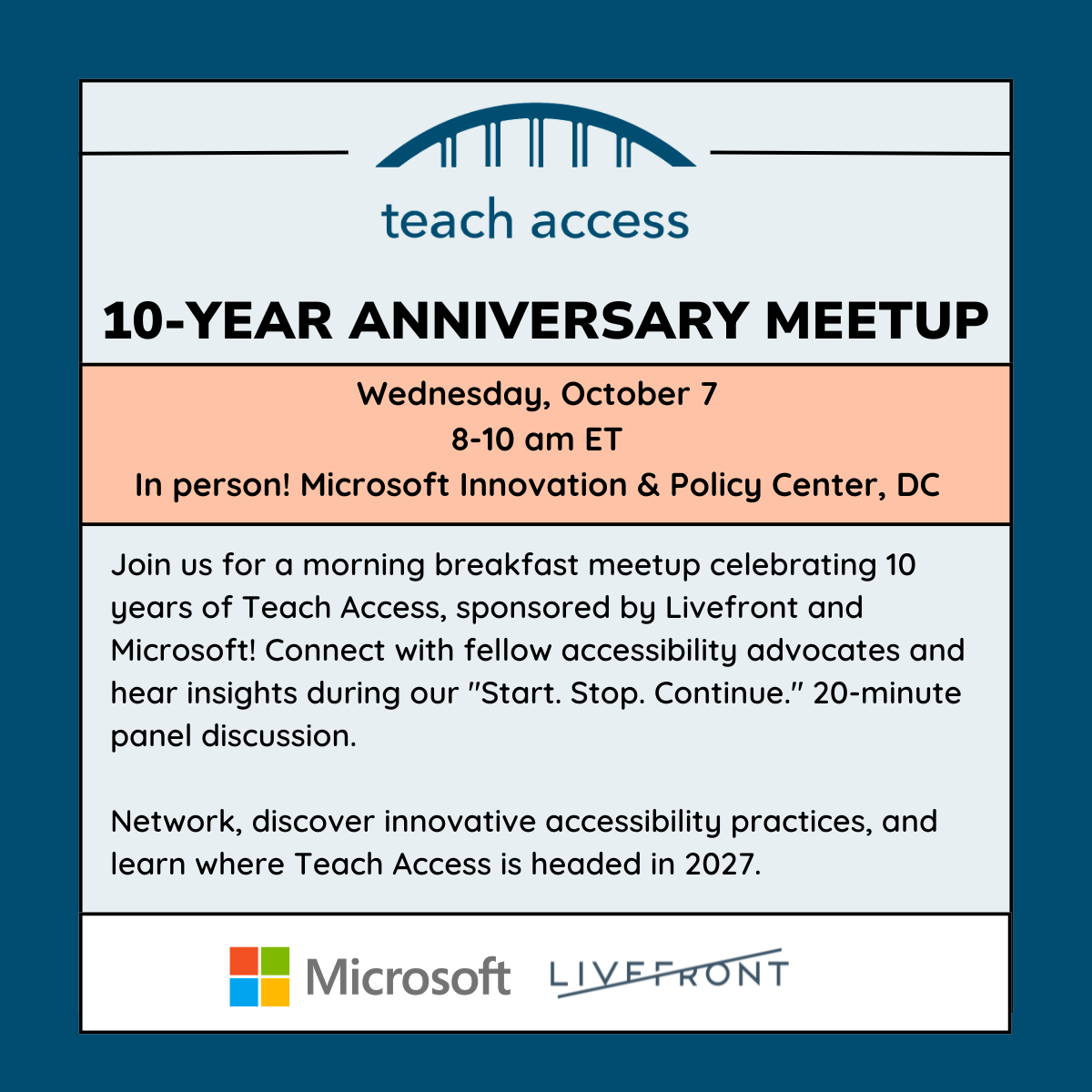 Promotional flyer for the Teach Access 10-Year Anniversary Meetup, featuring event details, logos for Microsoft and Livefront, and an invitation for participation.