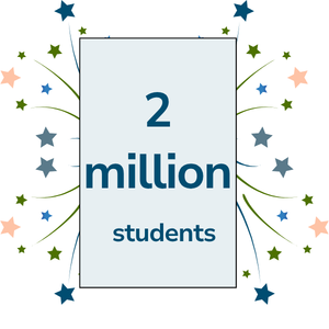 Graphic showing the text “2 million students” inside a pale blue rectangle surrounded by colorful stars and curved lines.