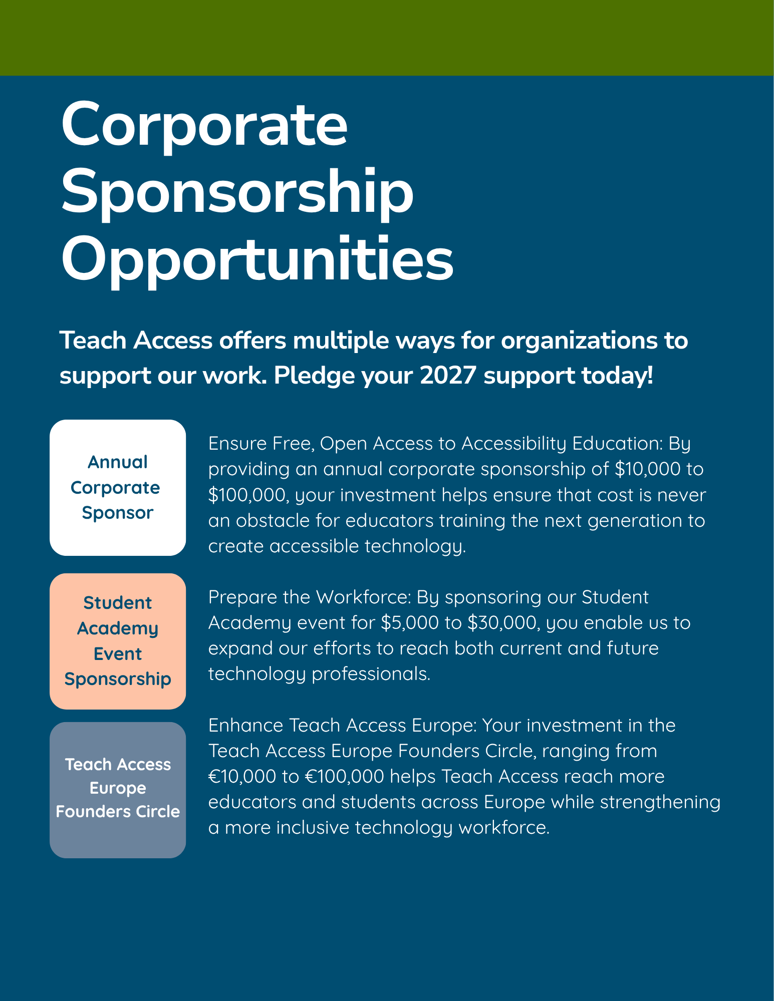 Promotional graphic for Teach Access's 2027 corporate sponsorship opportunities, featuring text on corporate support options and three sponsorship categories in colorful boxes.