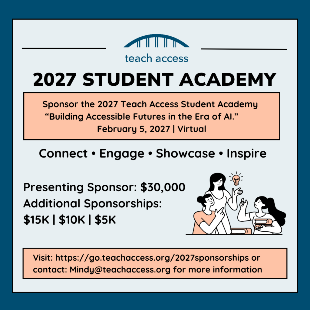 Promotional flyer for the 2027 Teach Access Student Academy, featuring event details, sponsorship levels, contact information, and an illustration of three people with a light bulb.